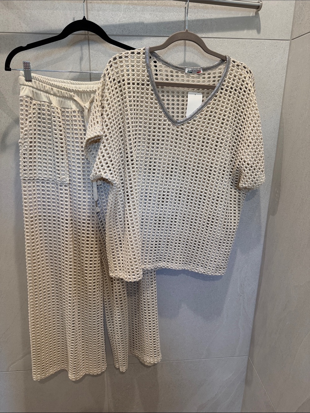 Made In Italy Cream Shimmer Open-Knit V-Neck Top and Wide-Leg Pant Set